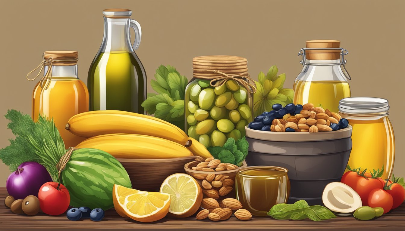 A colorful array of fresh fruits, vegetables, nuts, and whole grains displayed on a rustic wooden table, accompanied by jars of honey and olive oil