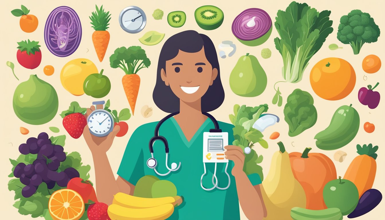 A person holding a Healthy Options card, surrounded by symbols of health and wellness, such as fruits, vegetables, exercise equipment, and a doctor's stethoscope