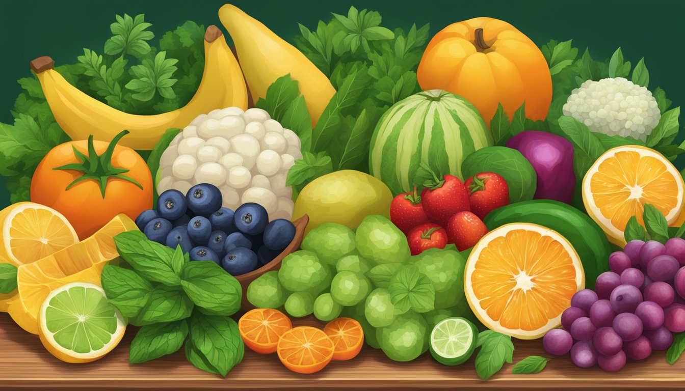 A vibrant array of fresh fruits, vegetables, and herbs arranged on a wooden cutting board, ready to be used in healthy culinary applications at Tupelo Honey