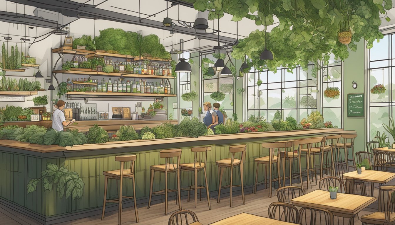 A bustling restaurant with organic produce, reusable straws, and compost bins. Greenery decorates the space, and a prominent "Sustainability and Conservation" sign hangs above the bar