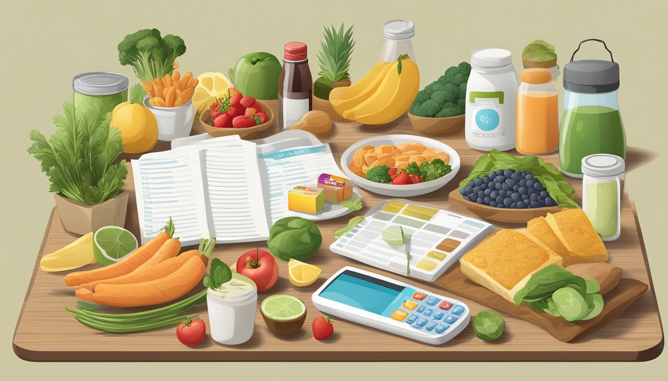 A table with a variety of healthy food items, a credit card, and a list of services