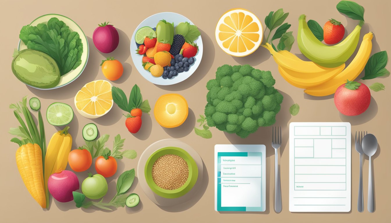 A table with a variety of fresh fruits, vegetables, and whole grains, accompanied by a Humana healthy options card