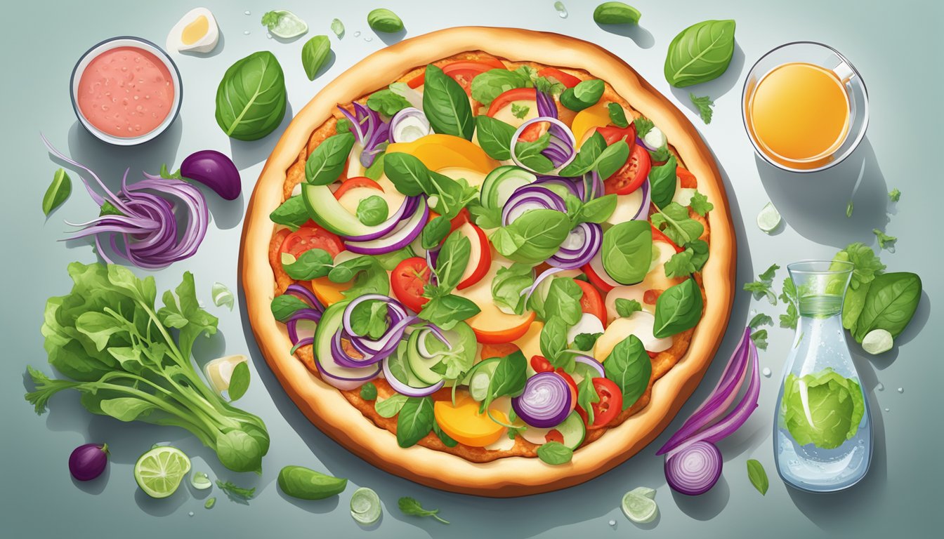 A colorful array of fresh vegetables and lean protein toppings adorning a thin crust pizza, surrounded by vibrant green salad and a glass of water