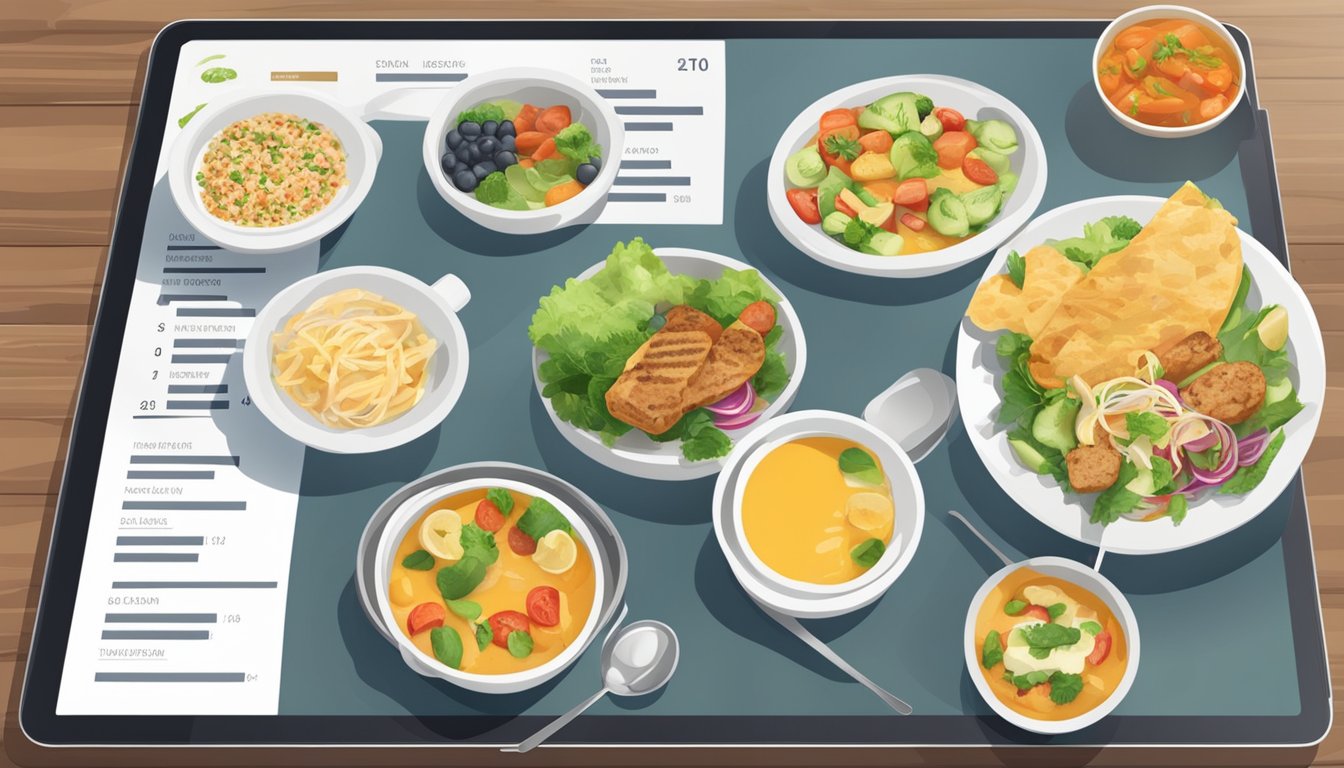 A table with a variety of menu items and their nutritional information displayed on a digital screen