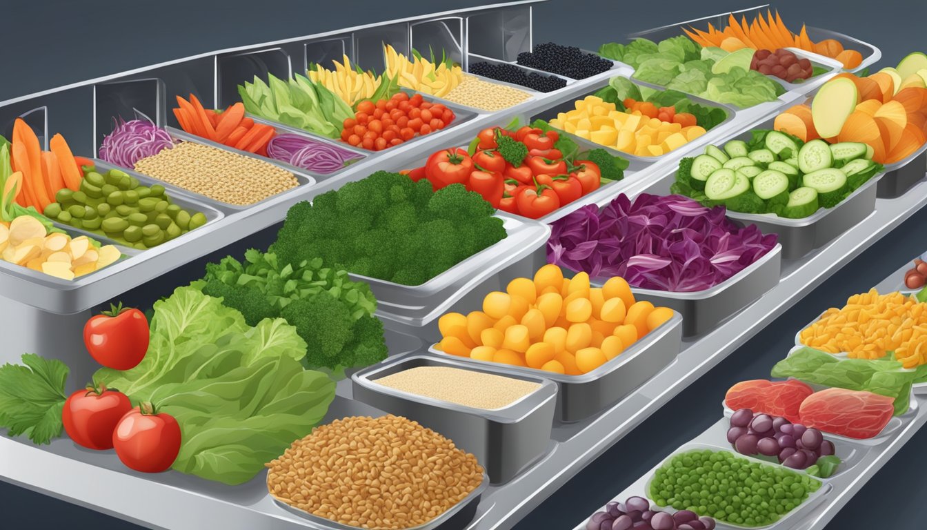 A colorful salad bar with fresh vegetables, fruits, and lean proteins. A variety of whole grain options and healthy menu items displayed