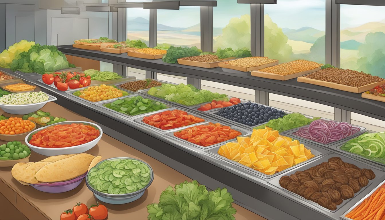 A colorful salad bar with fresh vegetables and fruits displayed next to a variety of whole grain and gluten-free pizza crust options