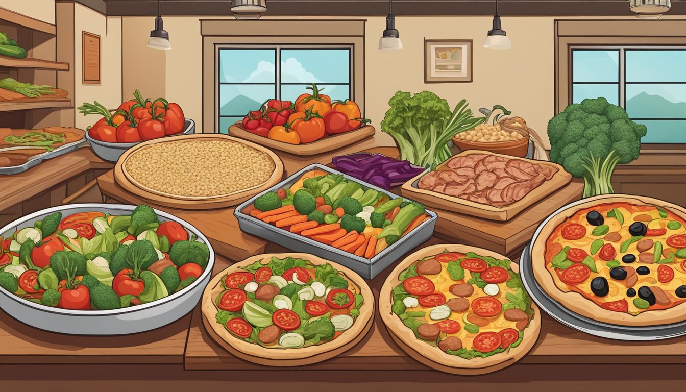 A colorful array of fresh vegetables, lean meats, and whole grain crusts displayed alongside delicious and nutritious pizza options at a local pizzeria