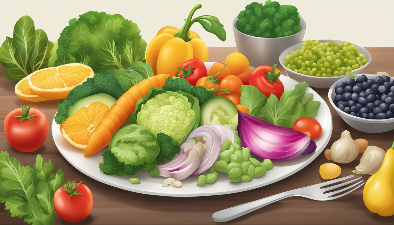 A colorful array of fresh vegetables, fruits, and lean proteins arranged on a plate, with a side of vinaigrette dressing