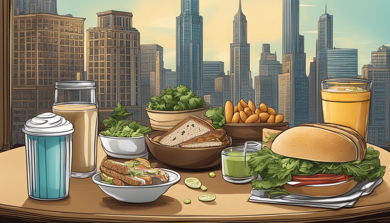 A table set with a variety of lean protein options and healthy sandwich ingredients, with a vintage Chicago backdrop