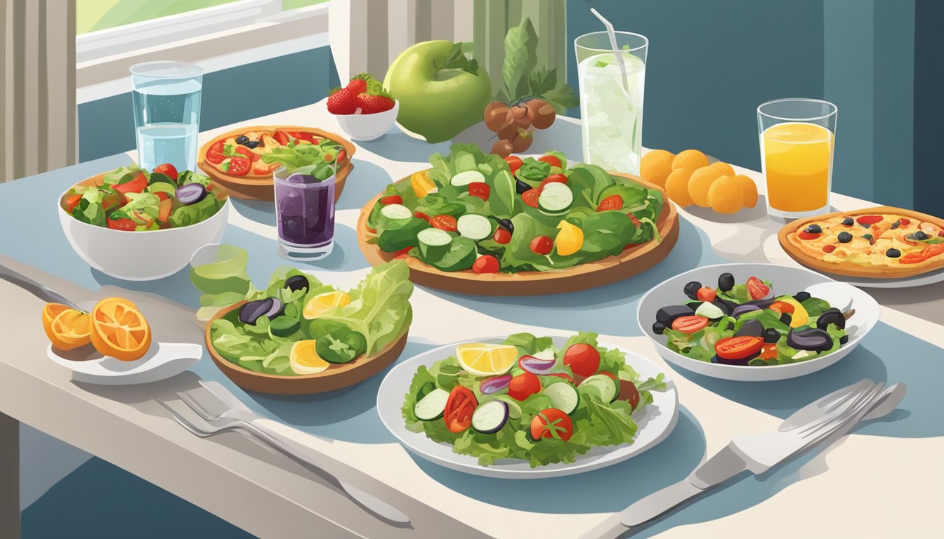 A table with a variety of healthy and indulgent food options, including salads, grilled vegetables, and pizza, with a side of fruit and a glass of water