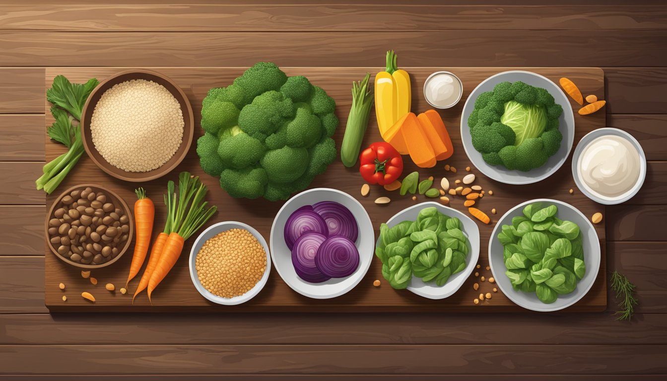 A colorful array of fresh vegetables, lean proteins, and whole grains displayed on a rustic wooden table at Redstone Grill