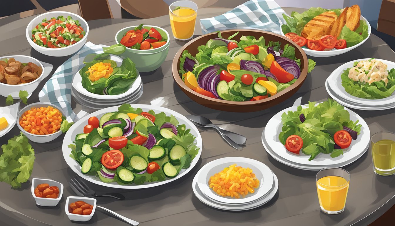 A table set with colorful, fresh salads, grilled vegetables, and lean proteins at Redstone Grill's healthy menu overview