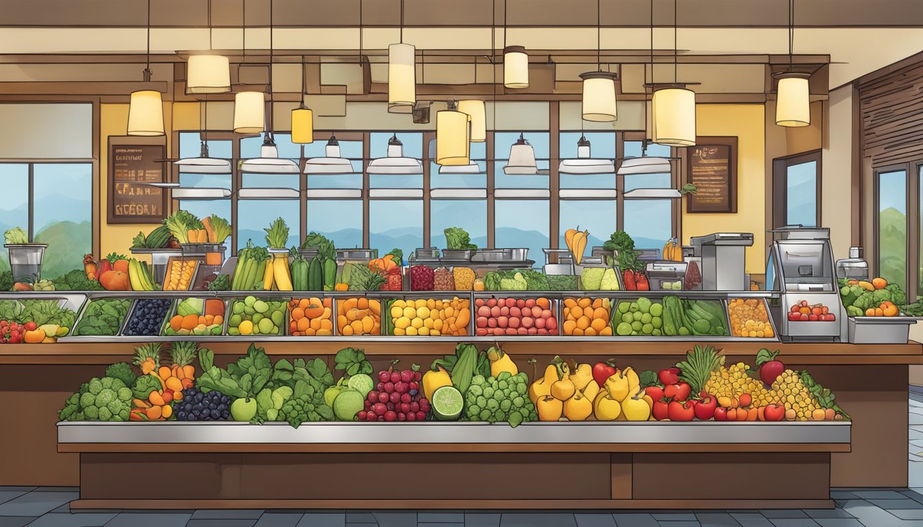 A colorful array of fresh fruits, vegetables, and smoothies displayed on a vibrant, inviting counter at Redstone Grill