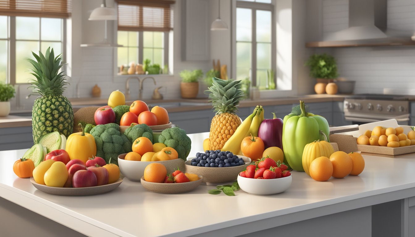 A colorful array of fresh fruits, vegetables, and whole grains displayed on a clean, modern counter. Bright, inviting atmosphere with a focus on health and nutrition