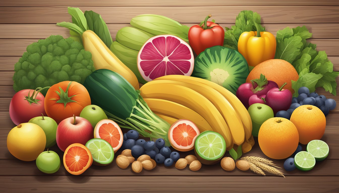 A colorful array of fresh fruits, vegetables, and whole grains arranged on a wooden table