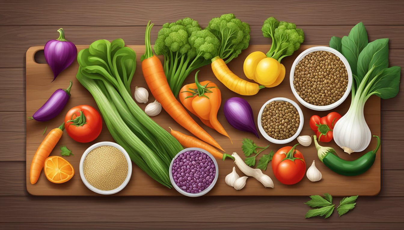 A colorful array of fresh vegetables, lentils, and spices arranged on a wooden cutting board