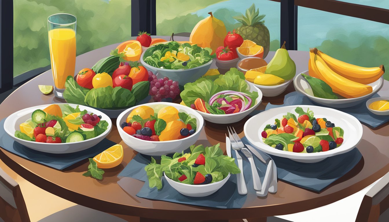 A colorful array of fresh fruits, salads, and grilled vegetables are displayed on a clean, modern table at Redstone Grill