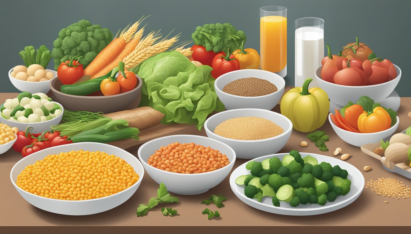 A colorful array of fresh vegetables, lean proteins, and whole grains displayed on a clean, modern counter at a restaurant specializing in special dietary needs