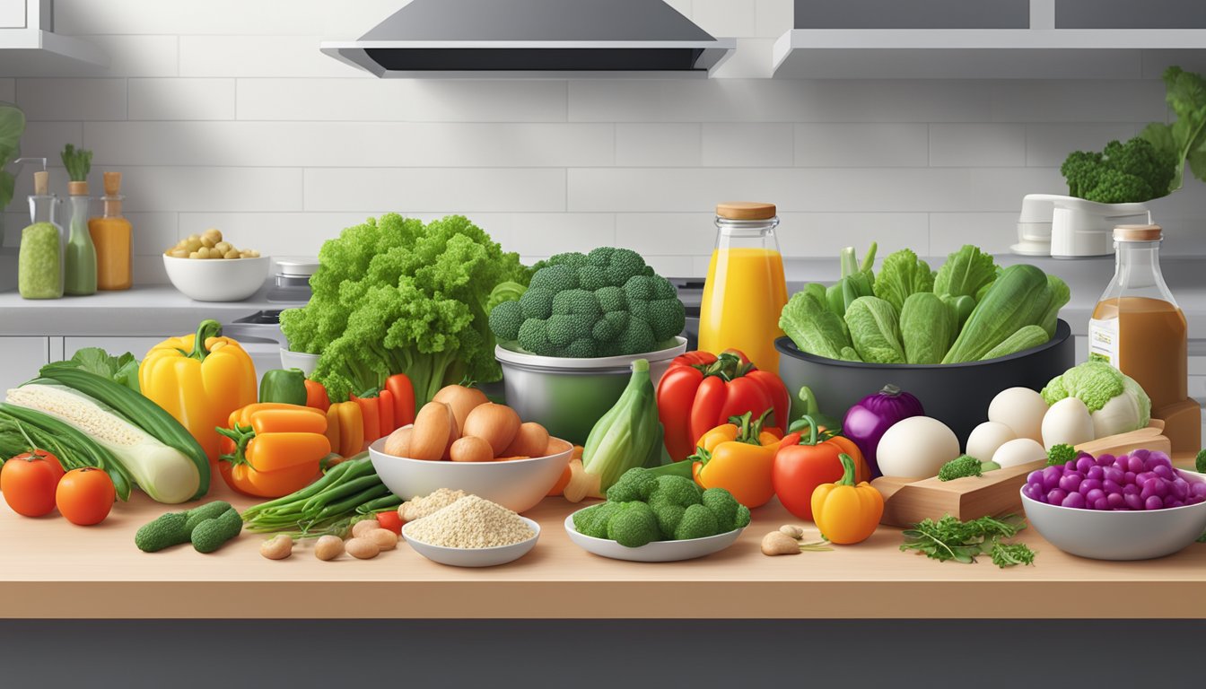 A colorful array of fresh vegetables and lean proteins displayed on a clean, modern counter