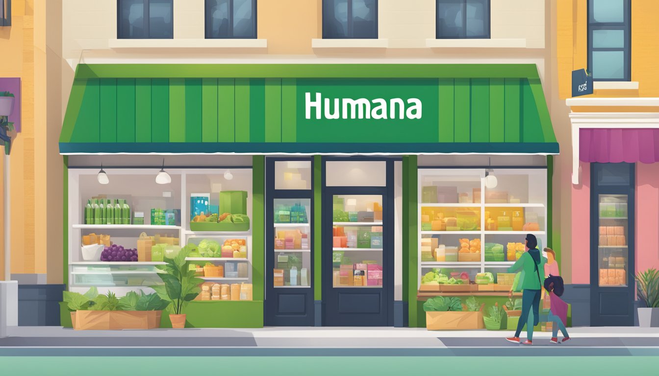 A vibrant and welcoming store environment with the Humana logo prominently displayed, featuring various healthy options and a helpful store finder tool