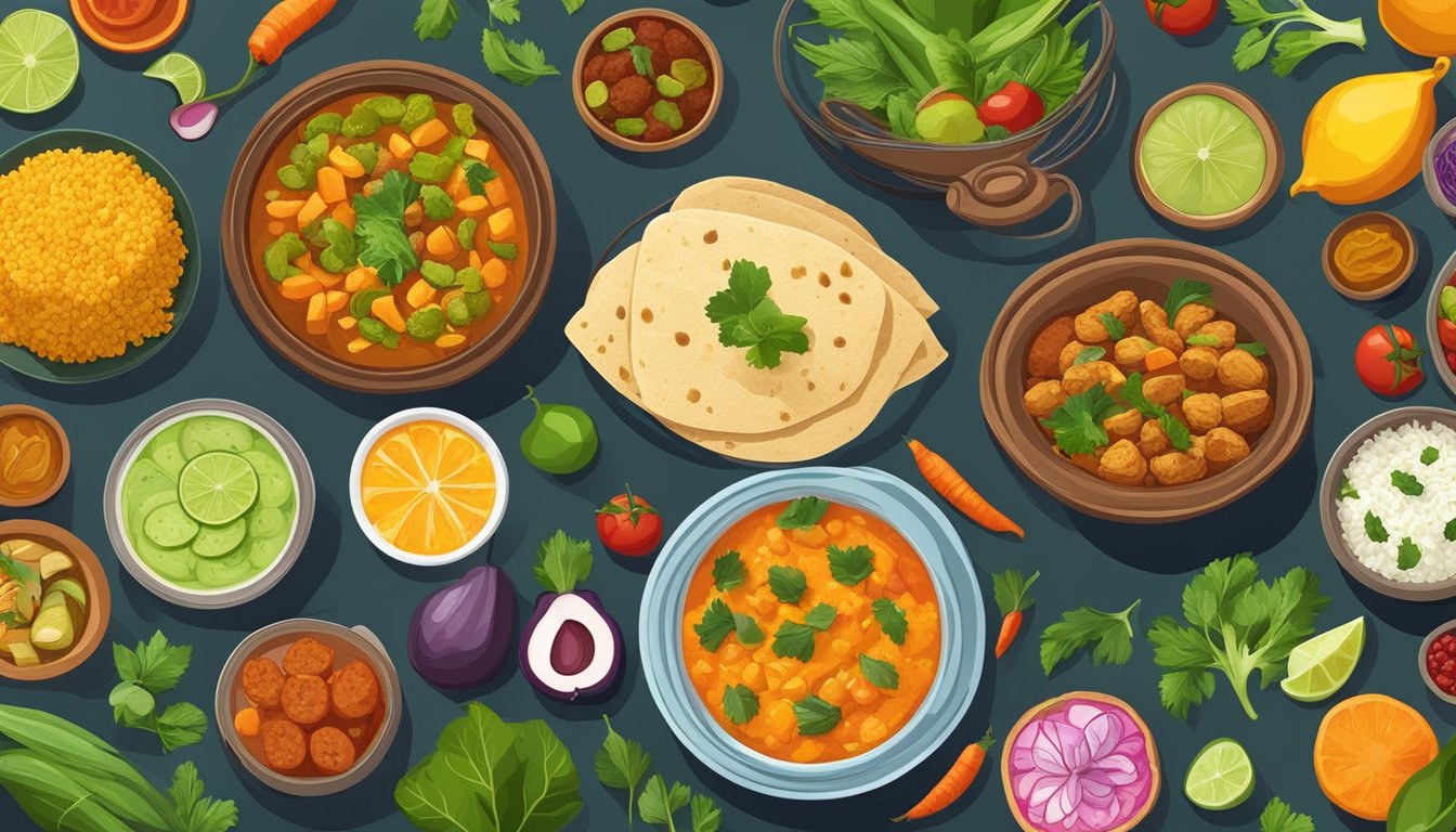 A table set with colorful and flavorful Indian dishes, surrounded by fresh fruits and vegetables, highlighting the challenge of providing healthy options in Indian cuisine