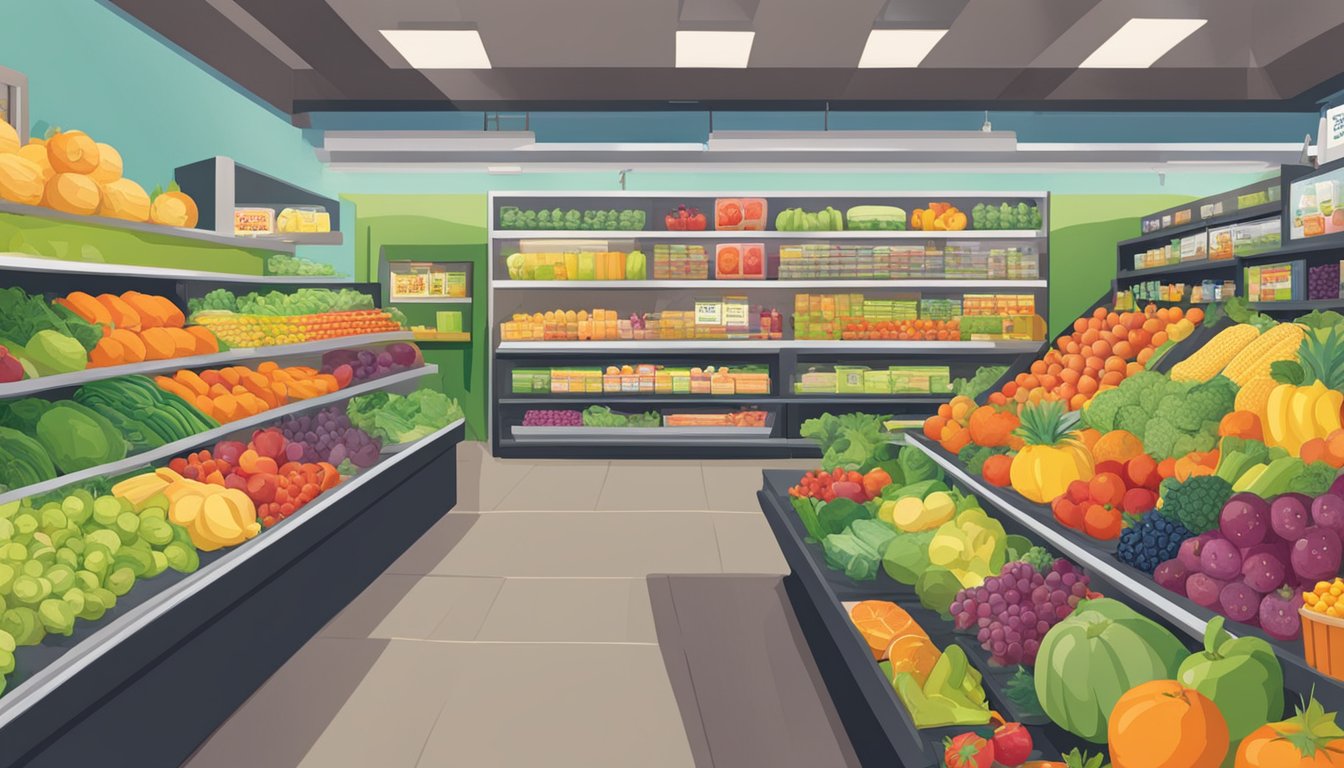 A bright, inviting store with shelves filled with colorful fruits, vegetables, and other healthy food options. A sign displaying "Humana Healthy Options Allowance" is prominently featured