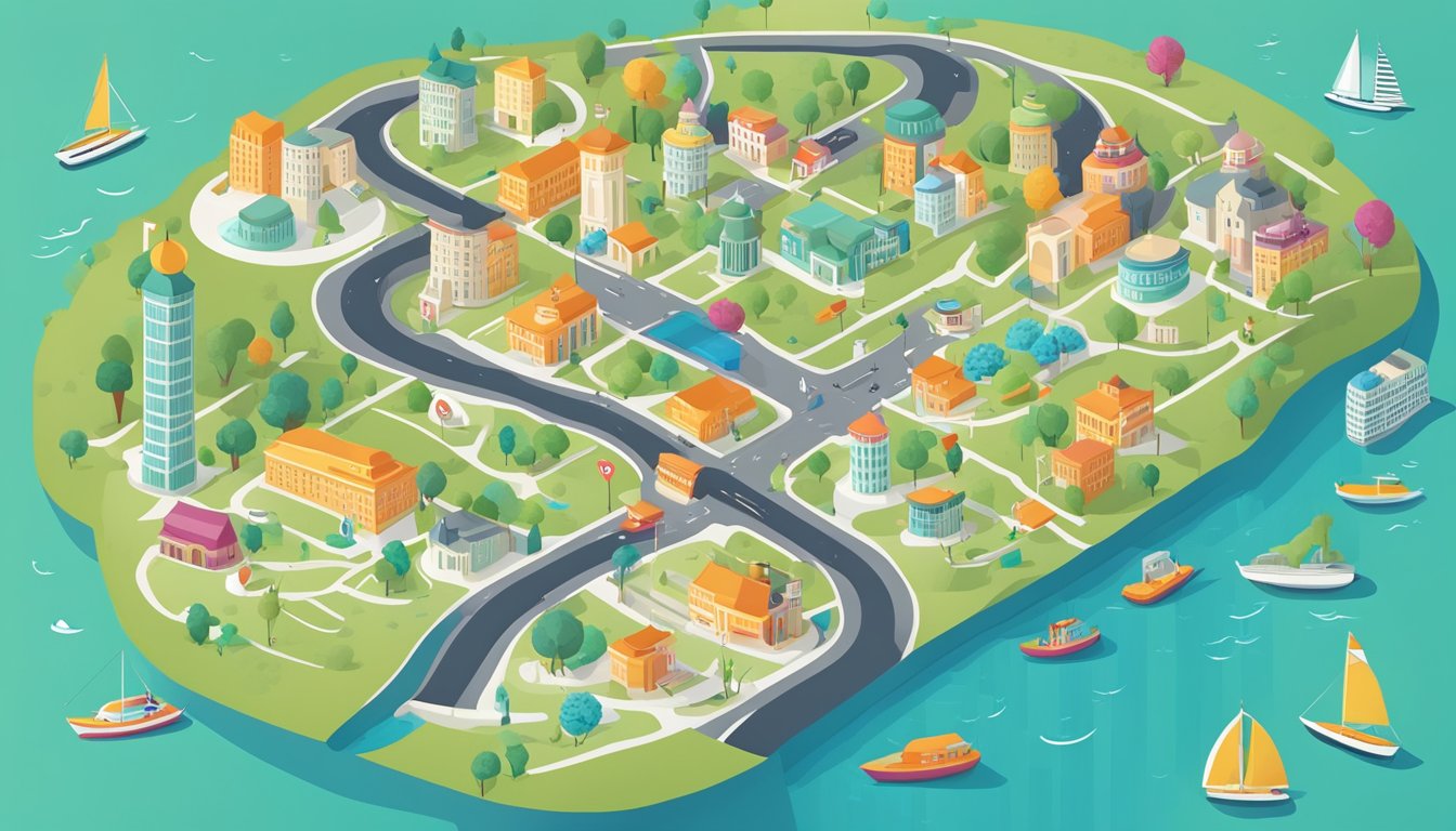 A colorful map of a city with various locations marked, surrounded by icons representing health and wellness options