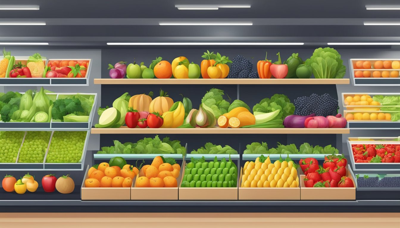 A colorful display of fresh fruits, vegetables, and other healthy food items arranged neatly on shelves in a bright and inviting store