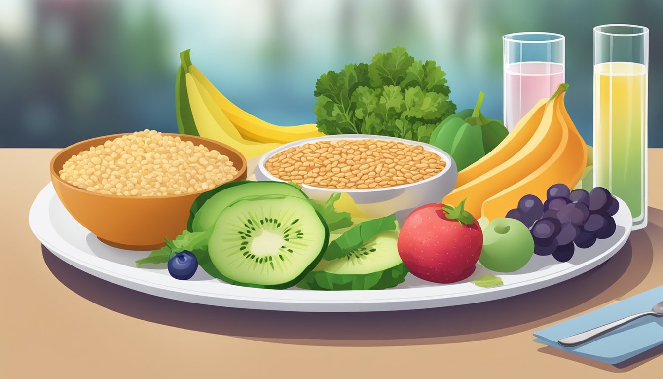 A plate with colorful vegetables, lean proteins, and whole grains, surrounded by fresh fruits and a glass of water, on a table at a restaurant