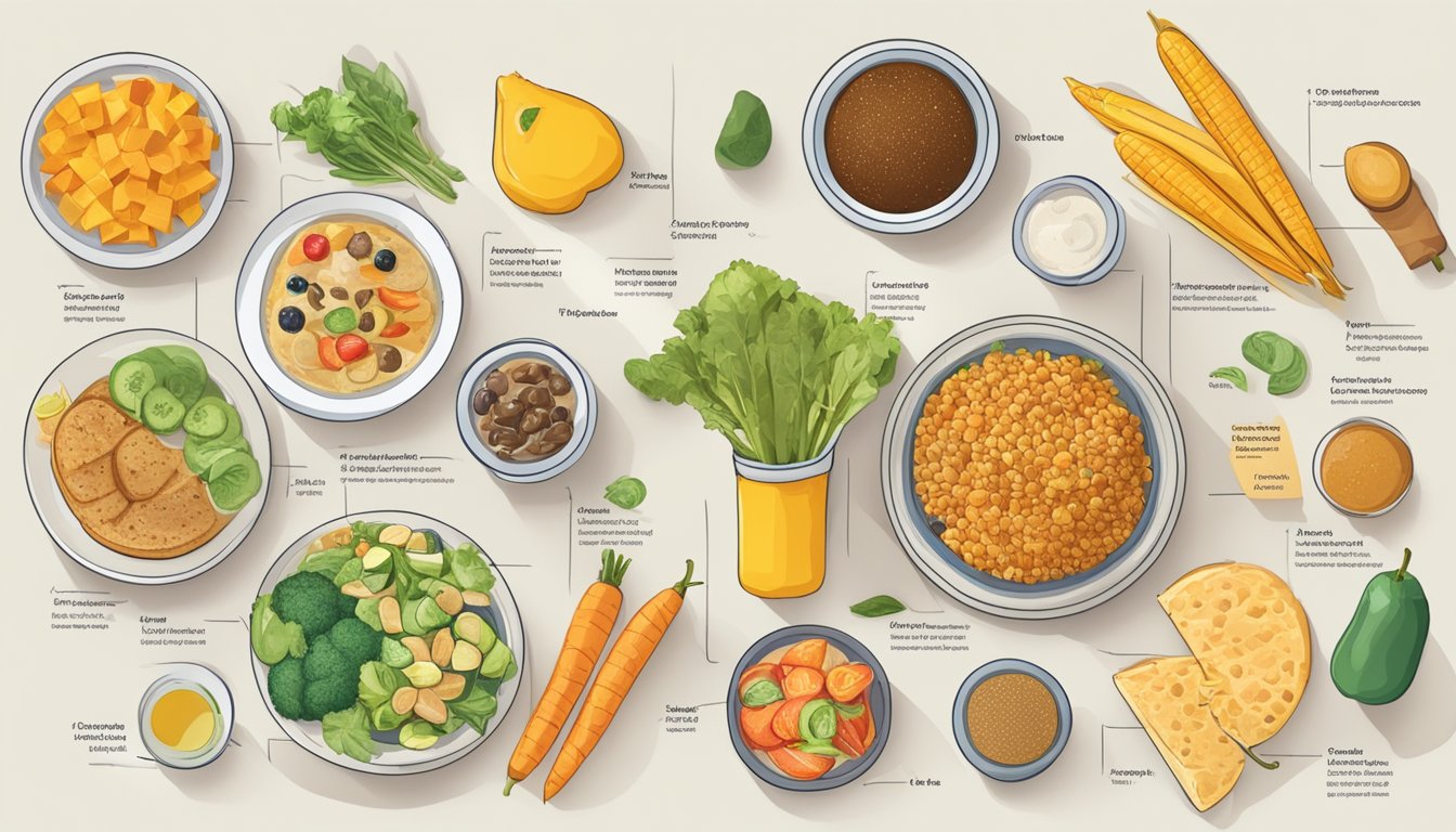 A table with various food items and their nutrition information laid out, surrounded by colorful charts and graphs