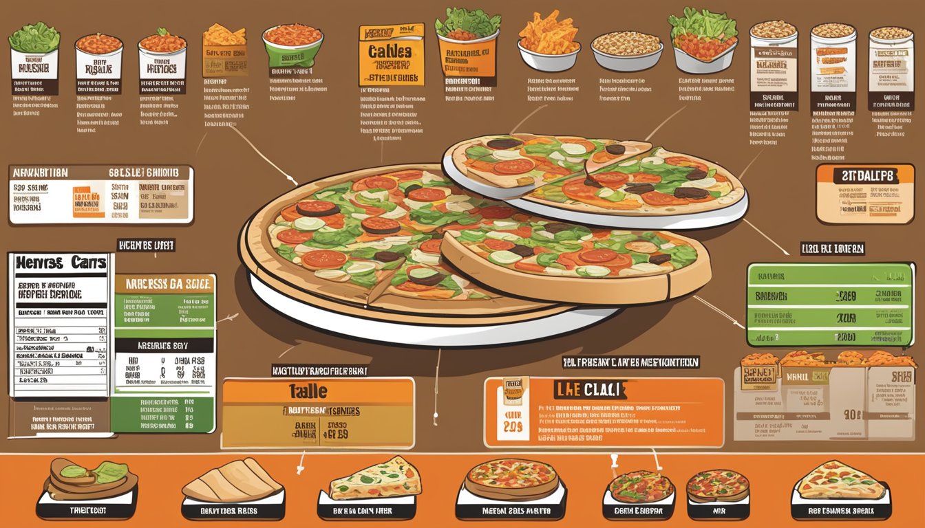 A table with a variety of Little Caesars food items, including salads, wraps, and thin-crust pizzas, displayed next to their respective nutrition information