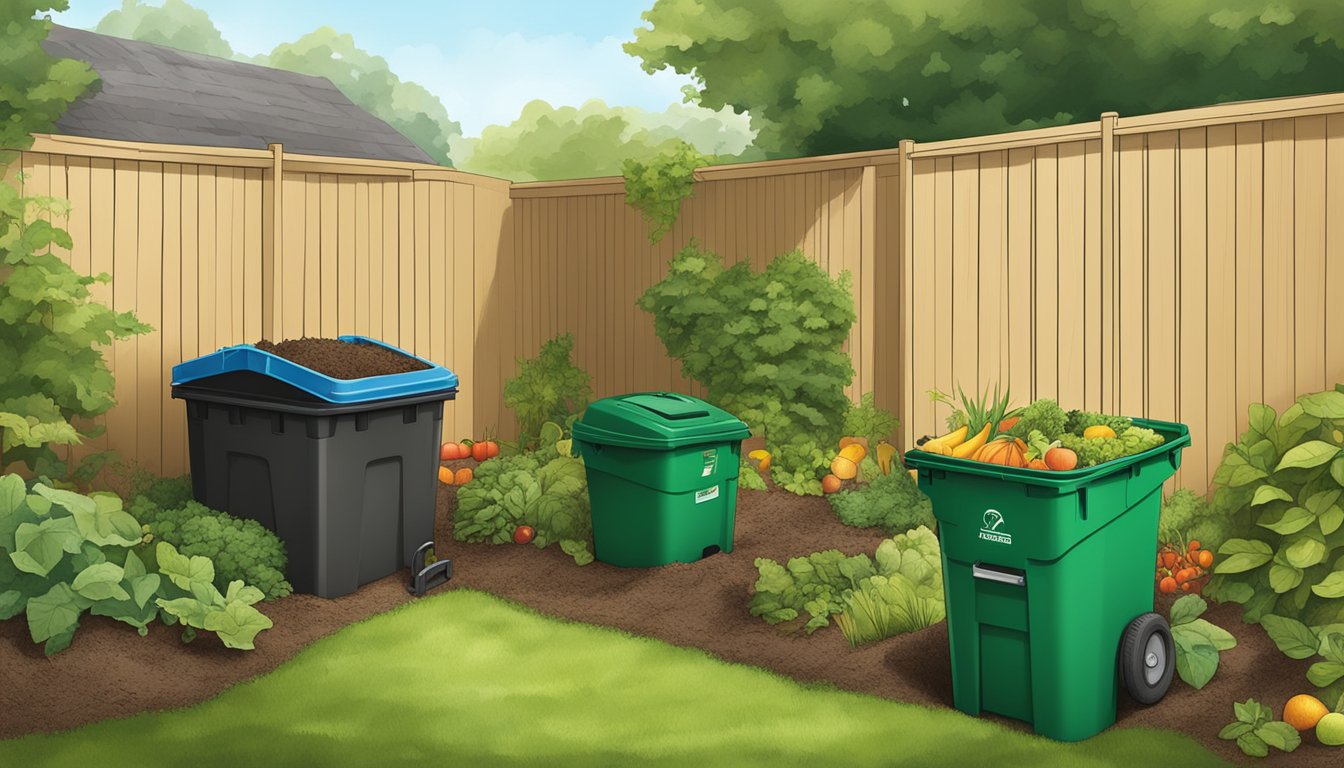 A backyard in Birmingham, AL with a compost bin, garden tools, and various organic waste materials like fruit peels and grass clippings