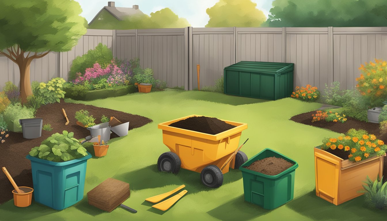 A backyard with a compost bin, garden tools, and a variety of organic waste materials being added to the bin