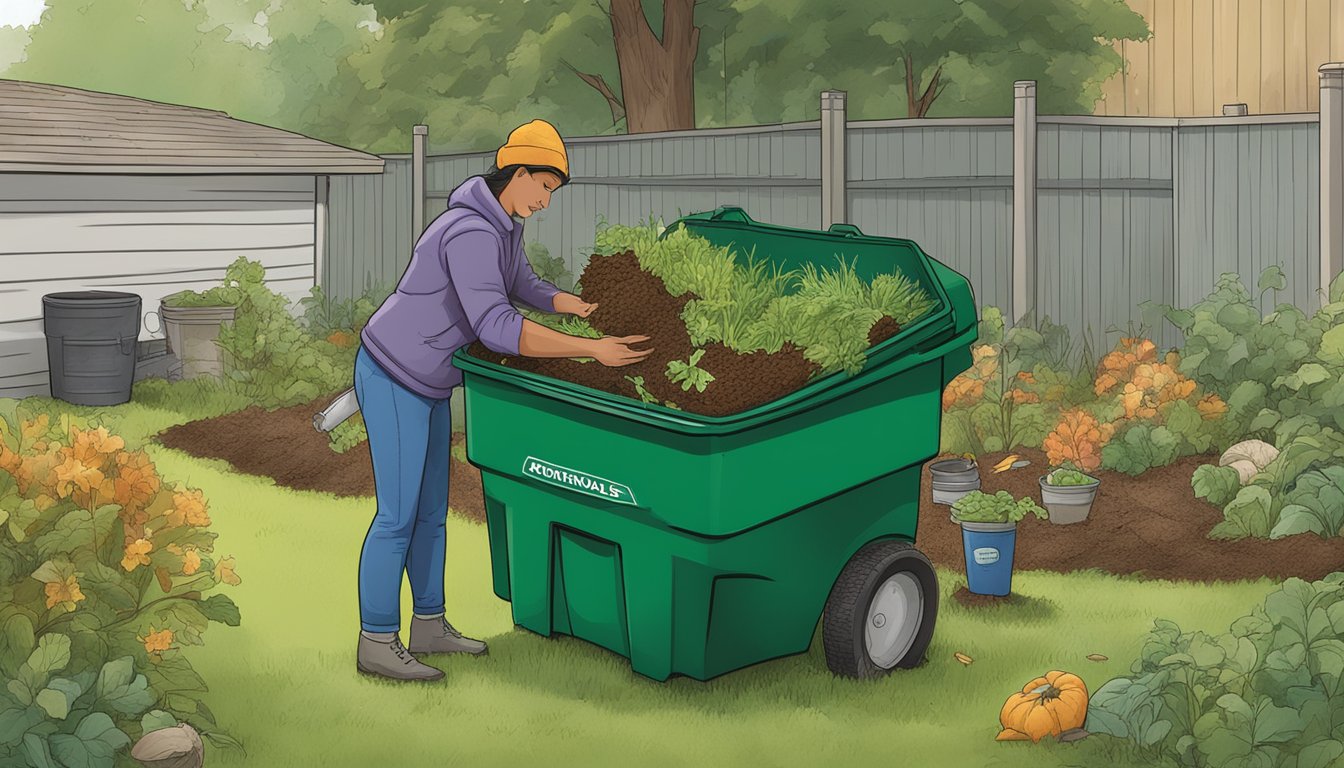 A person placing kitchen scraps and yard waste into a compost bin in a backyard in Anchorage, Alaska