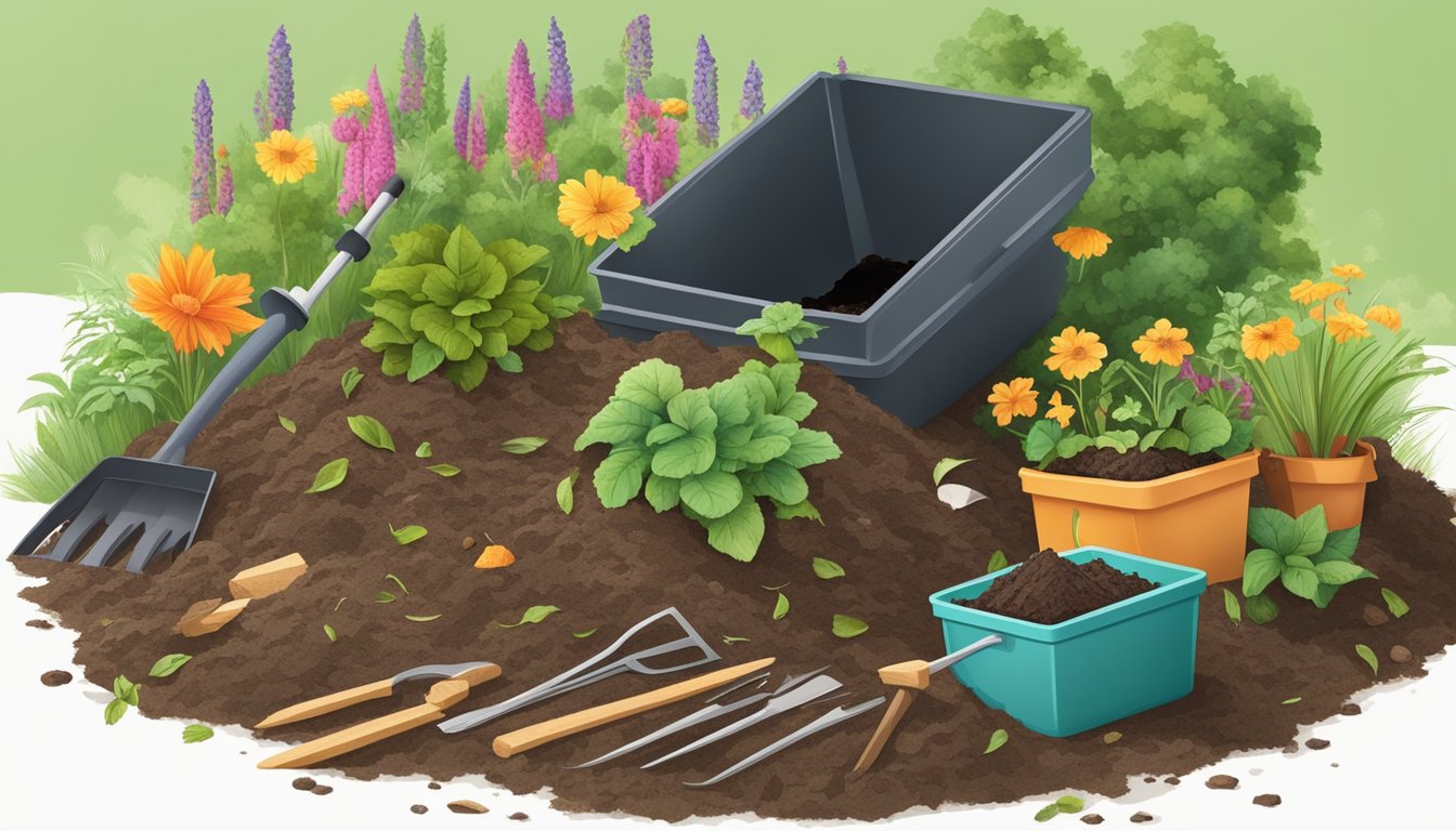 A backyard compost pile with a variety of organic materials layered in a bin, surrounded by gardening tools and a guidebook