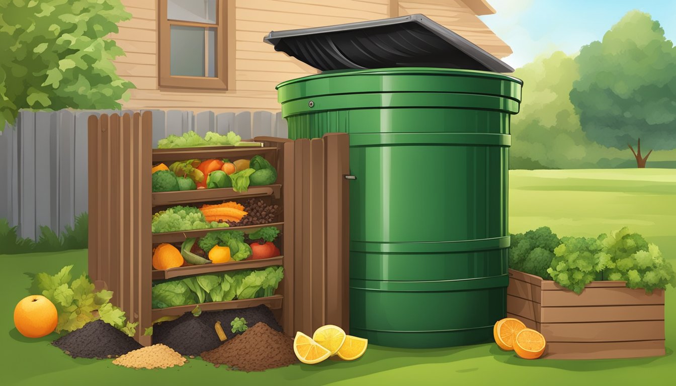 A backyard compost bin with a variety of organic materials such as fruit and vegetable scraps, coffee grounds, and yard waste