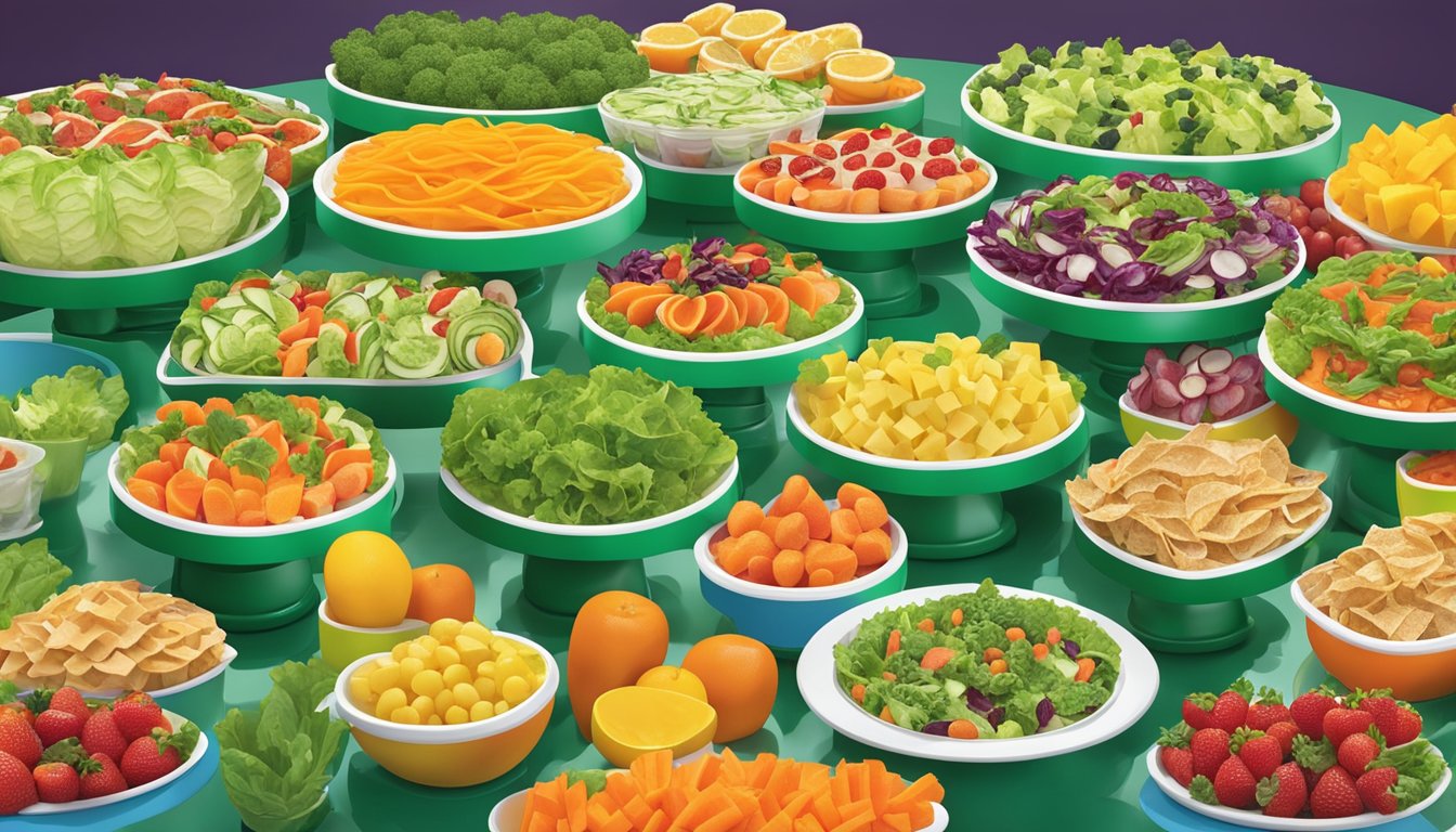 A colorful array of fresh salads, fruit cups, and vegetable platters arranged on a vibrant display stand at a Little Caesars restaurant