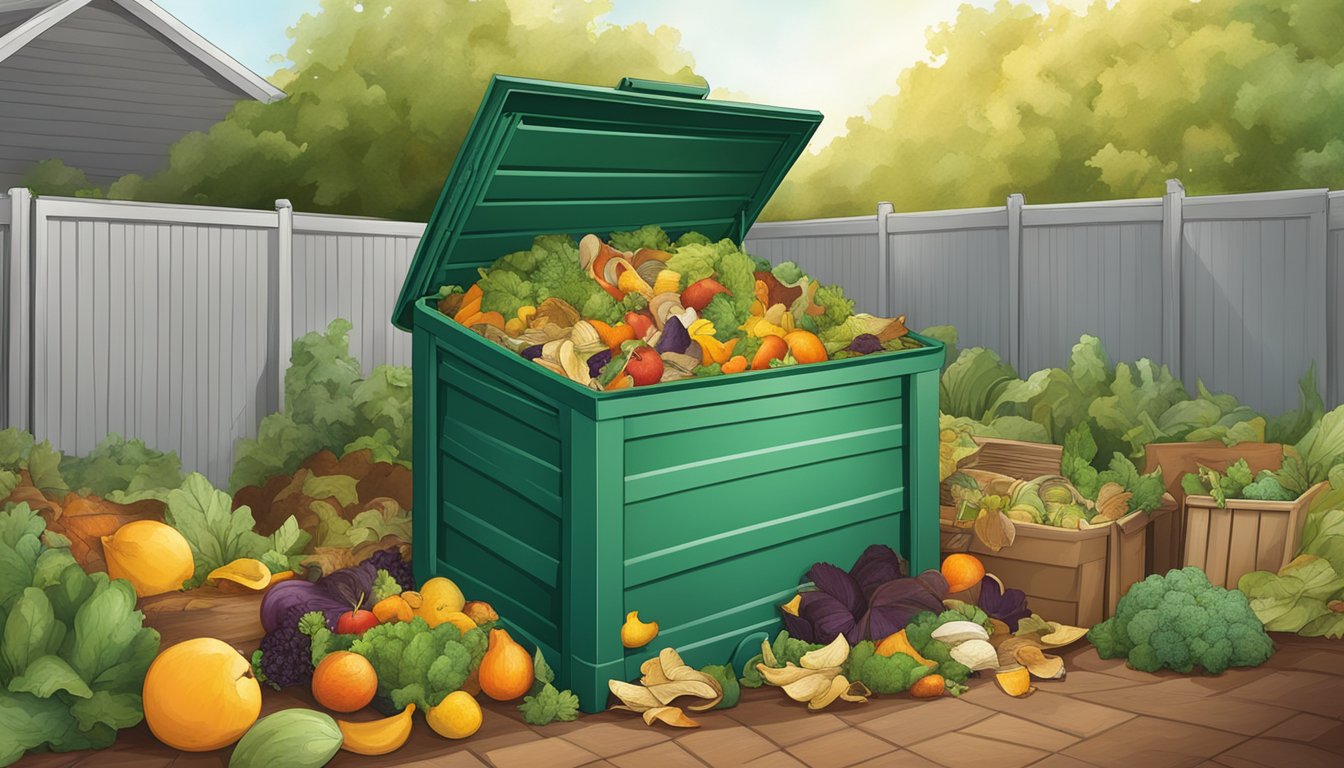 A backyard compost bin surrounded by various organic materials like fruit peels, vegetable scraps, and yard waste in Birmingham, AL