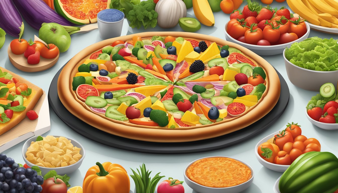 A colorful array of fresh fruits and vegetables arranged around a custom-built pizza with whole grain crust at a Little Caesars restaurant