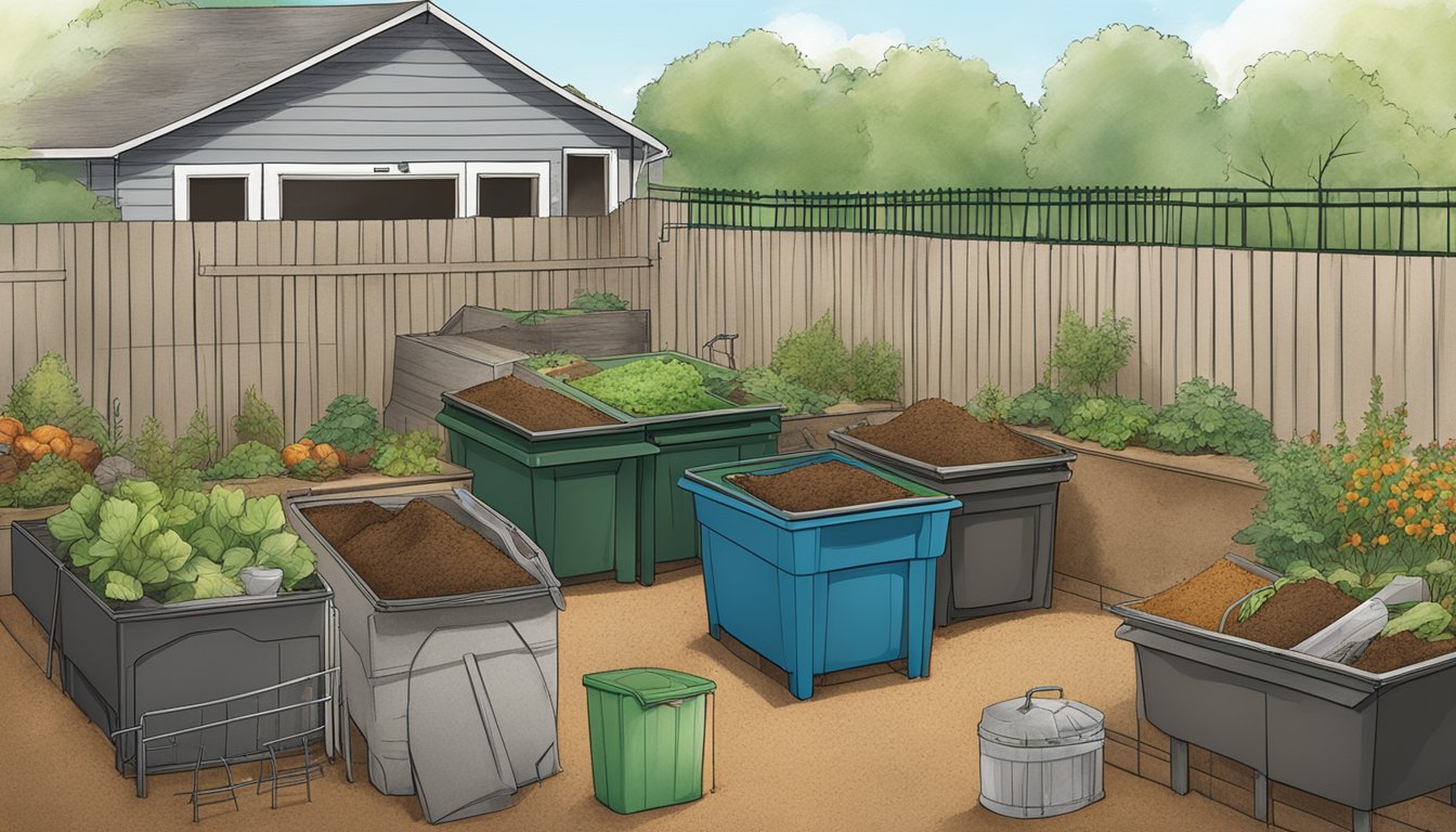 A backyard composting setup with bins, a pitchfork, and various organic materials in Birmingham, AL