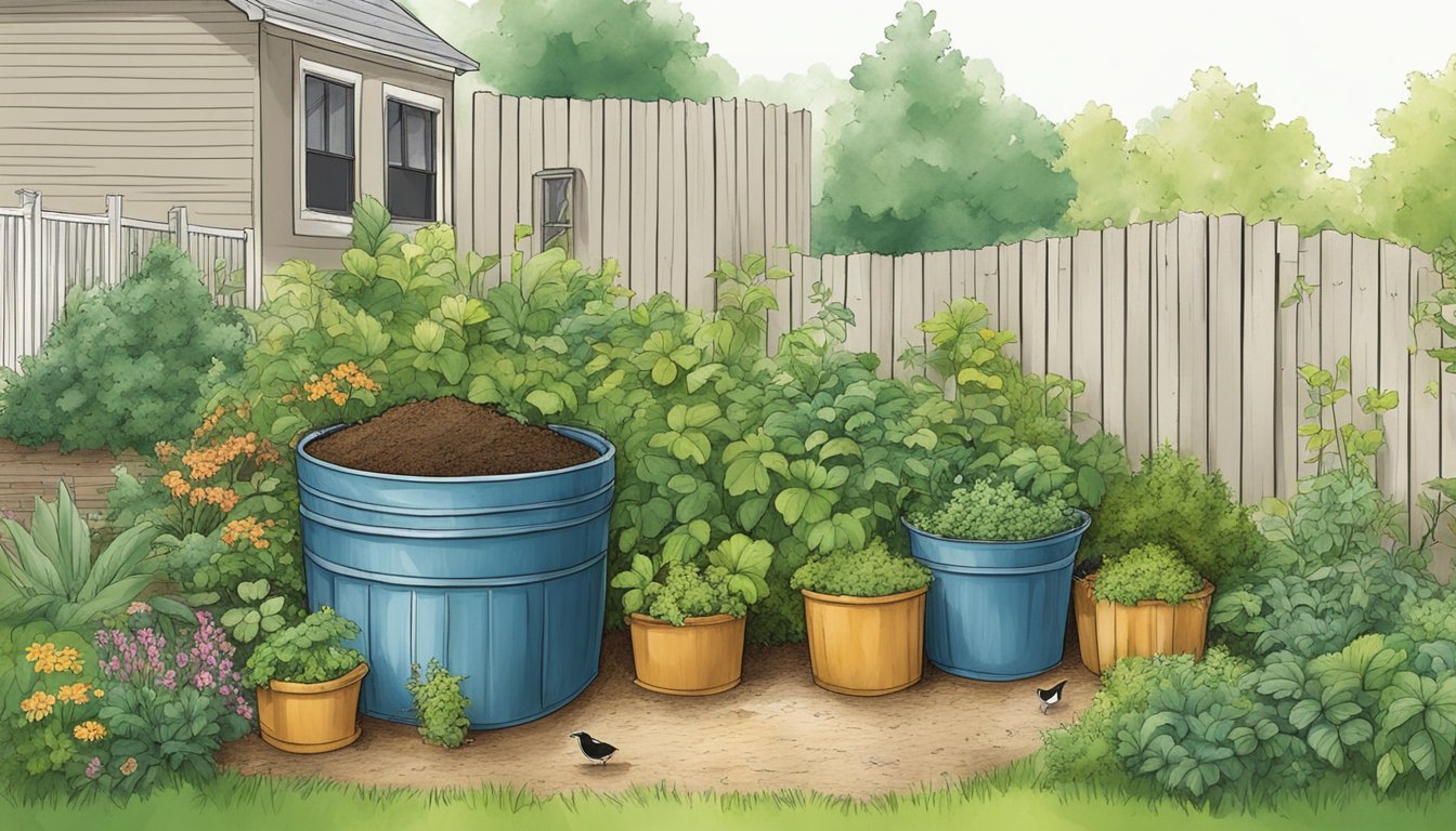 A backyard compost bin surrounded by green plants and small wildlife in Huntsville, AL