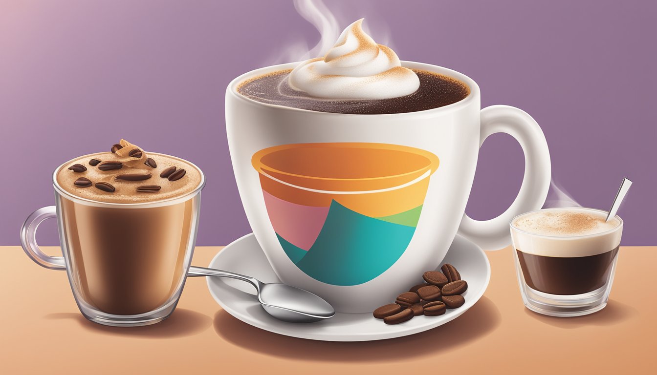 A steaming cup of tea sits next to a variety of other hot drink options at Dunkin' Donuts, including coffee and hot chocolate