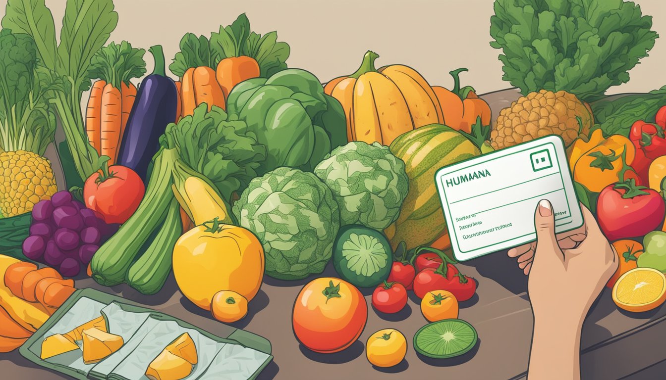 A colorful array of fresh fruits and vegetables arranged on a table, with a person holding a Humana Healthy Options Allowance card nearby