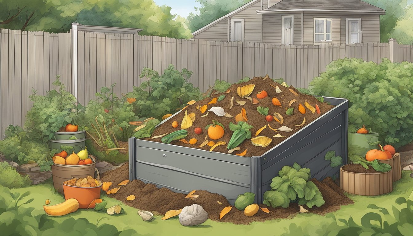 A compost pile with various organic materials, including fruit peels and vegetable scraps, surrounded by a wooden bin in a backyard garden in Birmingham, AL