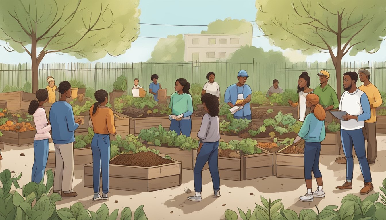 A group of people gather in a community garden, surrounded by compost bins and organic waste. A guide explains the process of composting to the attentive audience