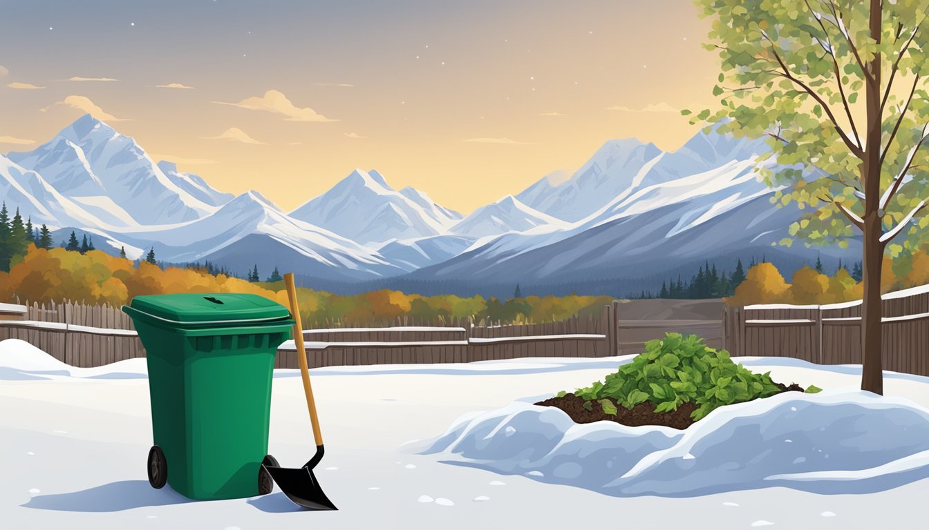 A backyard in Anchorage, AK with a compost bin surrounded by organic waste, leaves, and a shovel. Snow-capped mountains in the background