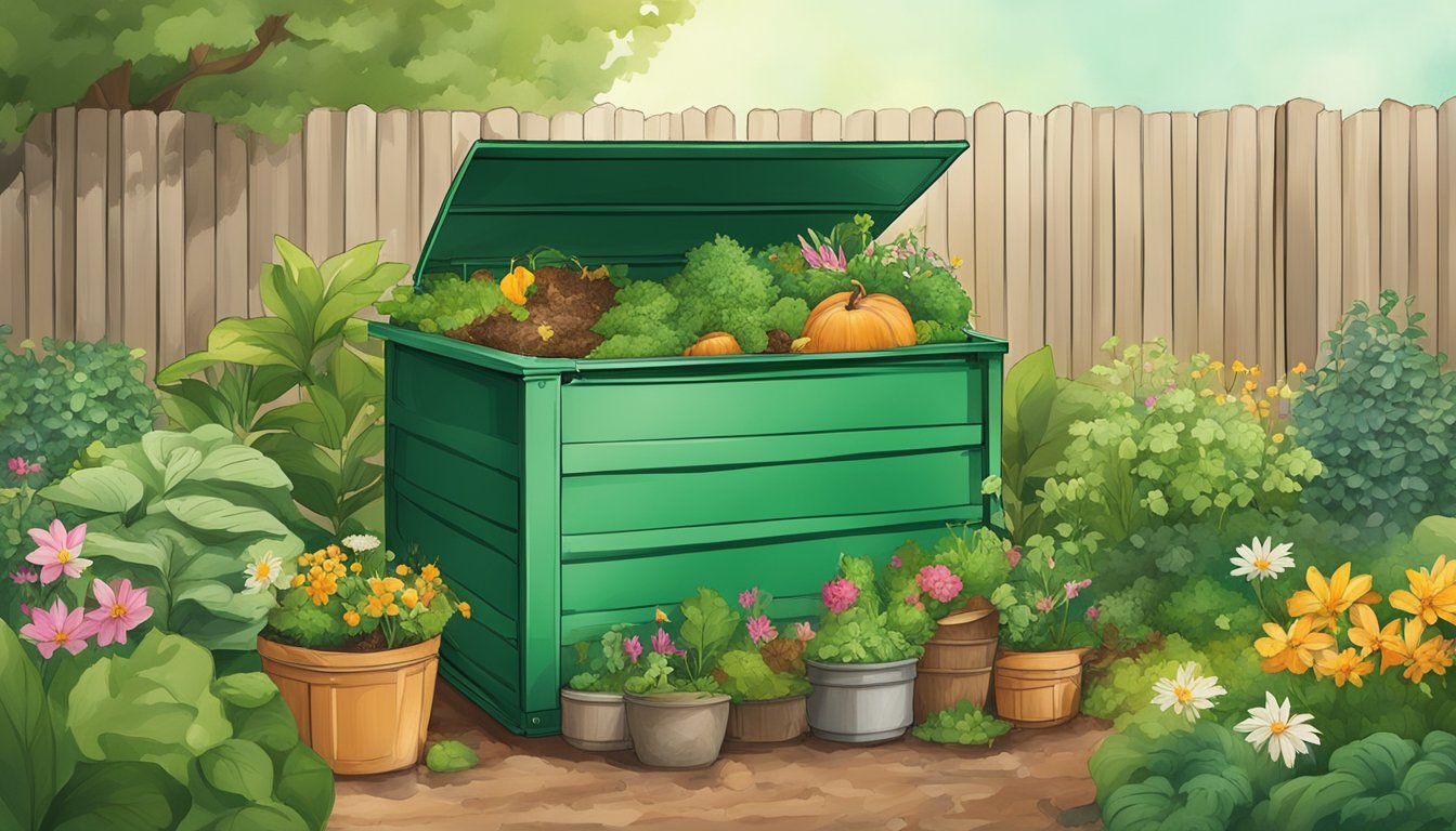 A backyard compost bin with a mix of food scraps and yard waste, surrounded by lush green plants and flowers in Huntsville, AL