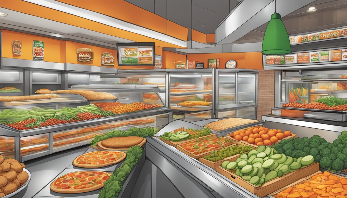 A colorful array of fresh vegetables and lean proteins displayed alongside pizza and breadsticks at a bustling Little Caesars restaurant