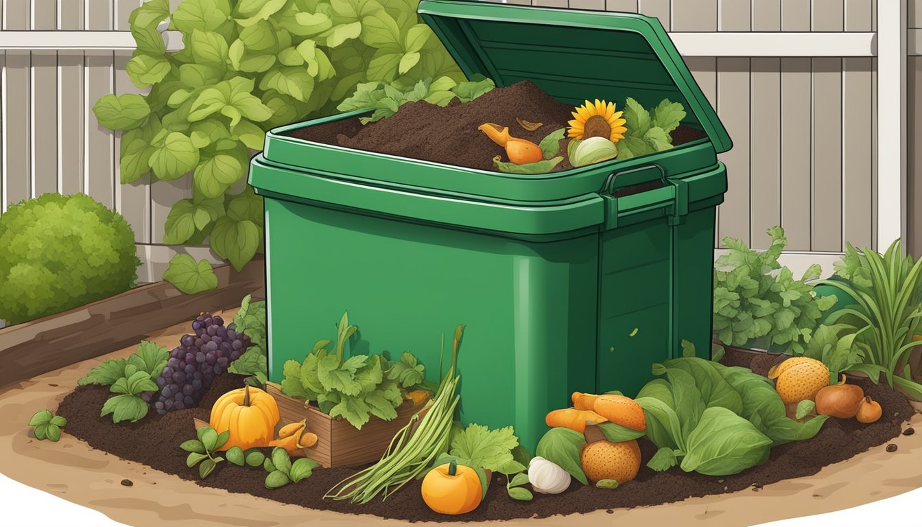 A backyard compost bin surrounded by a variety of organic waste, including fruit and vegetable scraps, coffee grounds, and yard clippings