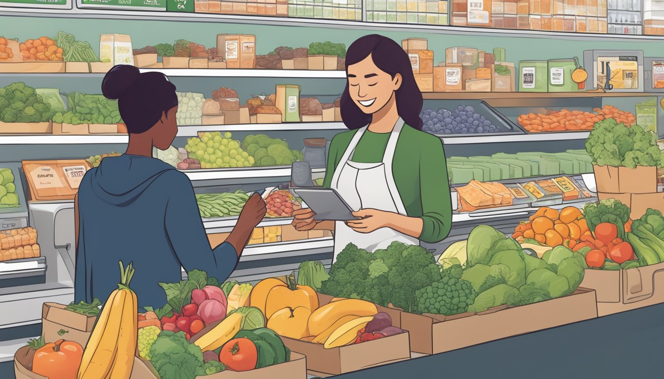 A person swiping their Humana Spending Account Card at a grocery store checkout, with a variety of healthy food options on display